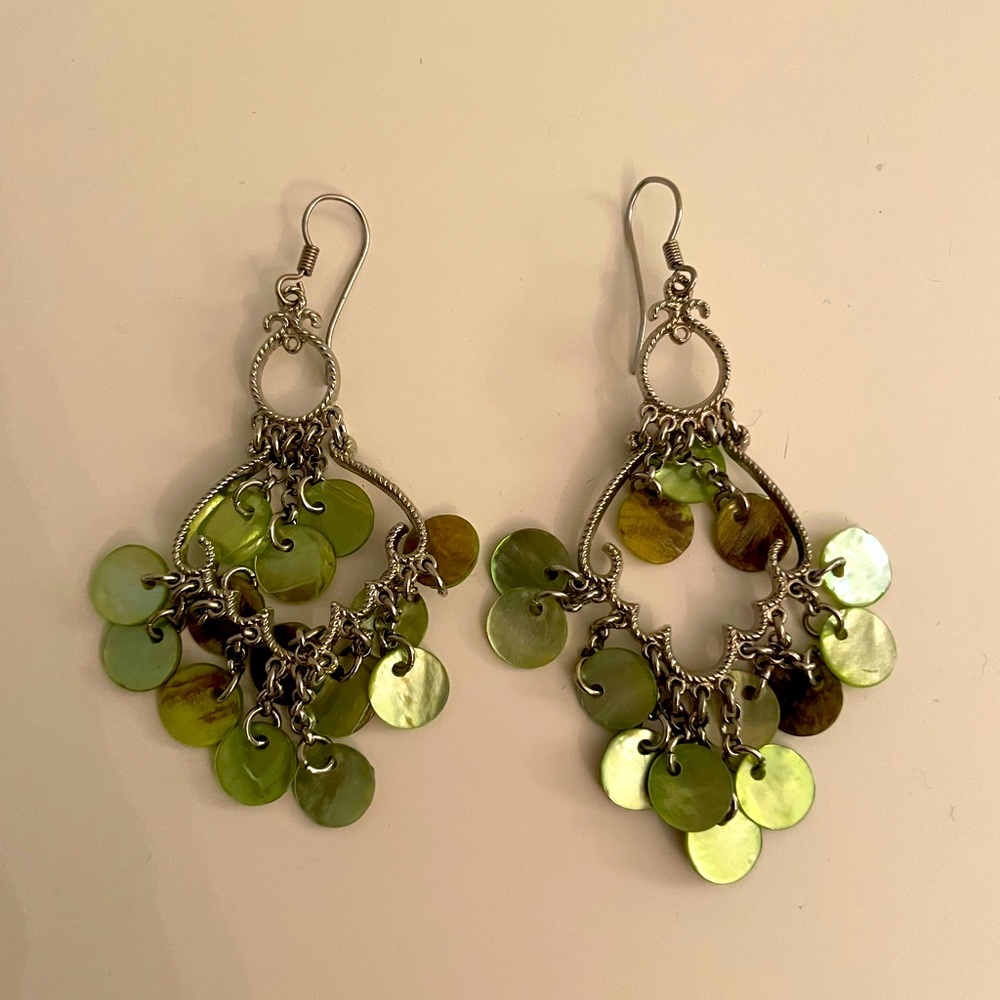 Beautiful silver tone & green pearlescent earrings